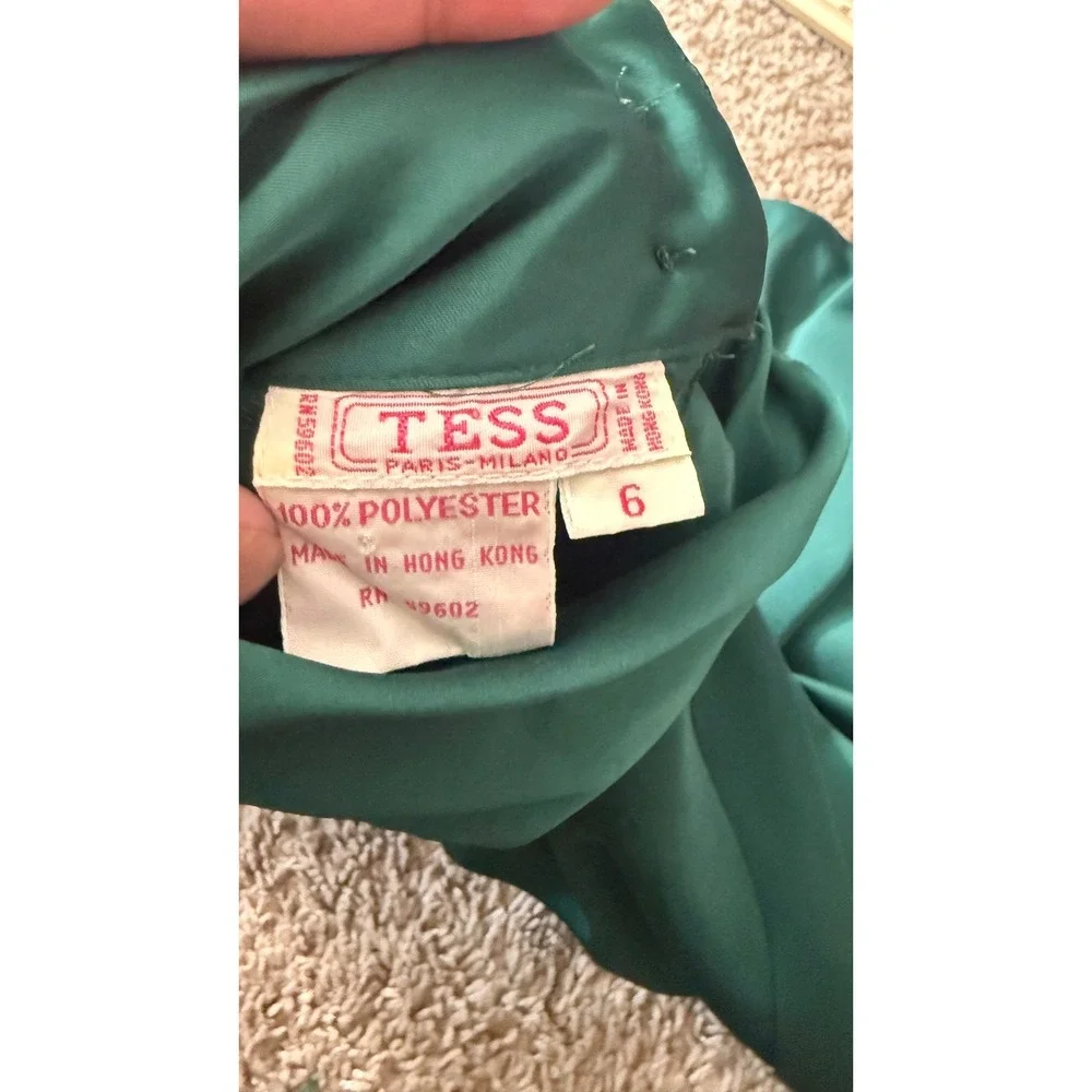 Tess Paris-Milano Emerald Green Satin Mock Neck Ruched Cuff Blouse Vintage HH23 - Picture 5 of 6